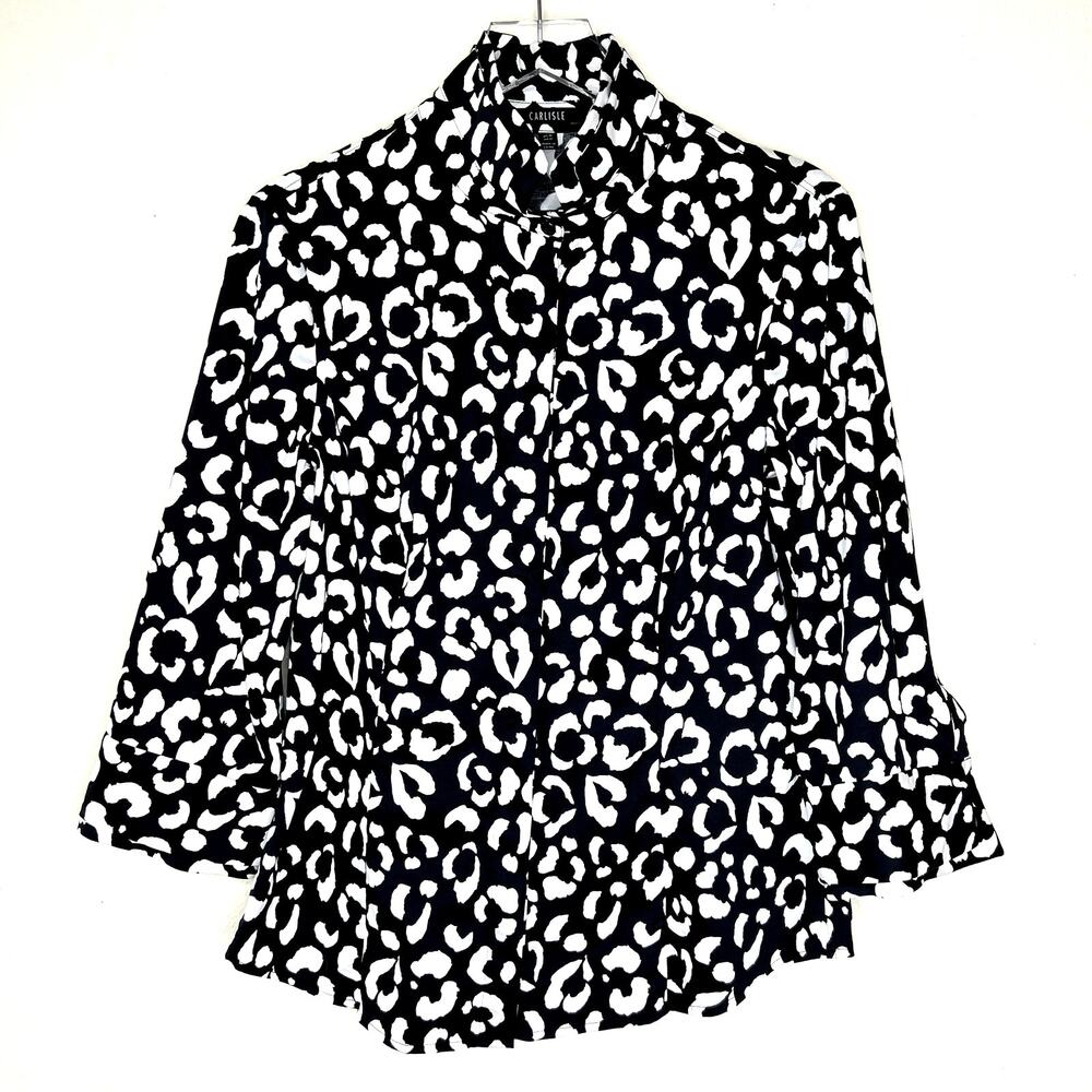 Carlisle Black White Leopard Graphic Print Button Up Blouse Top 3/4 Sleeve 10